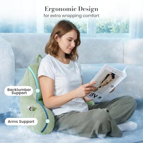 Amélie Home Premium Cooling Waffle Reading Pillow, Qmax>0.37 Ergonomic Backrest Support with Pocket & Handle, Breathable Lounging Pillow for Bed Sofa Floor Summer, 17 Inches, Sage Green - Thumbnail 3