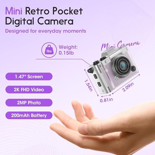 Dienspeak Portable Mini Digital Camera, Small Keychain Retro Camera for Kids Adults, Tiny Pocket Size 2K HD Video Recorder with 16GB Card, Cute Vintage Camcorder for Travel Camp Memories, Purple - Thumbnail 2