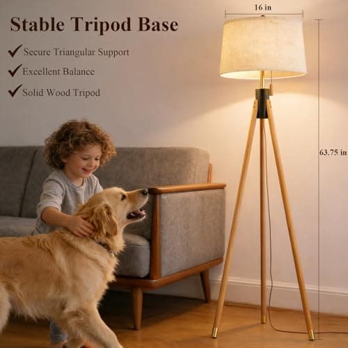 Mid Century Modern Tripod Floor Lamp, Gold Accented Two-Tone Solid Wood Floor Lamp with Black-Finished Solid Wood Center, Linen Shade & Pull Chain, Tall Lamp for Living Room Bedroom Reading Corner - Thumbnail 6