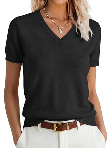 ANRABESS Women’s 100% Wool Sweater，Office Work V Neck Short Sleeve Sweaters ，Soft & Lightweight， Business Casual Tops Black Small - Image 1