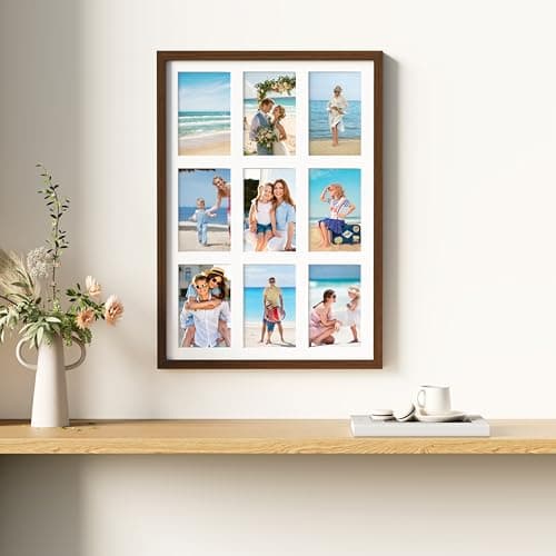 decorUhome 14x20 Picture Frames Collage Wall Decor, Display 9Pcs 4x6 Photos with Mat or 1Pcs 14x20 Unmatted, 9 4x6 Collage Picture Frames for Wall Mounting, Brown - Thumbnail 3