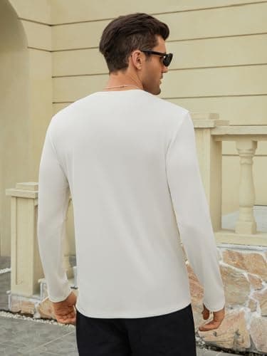 Hardaddy Men's V Neck Long Sleeve Ribbed Casual T-Shirt Solid Tee Shirts White M - Thumbnail 4