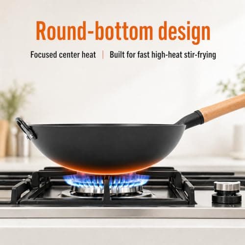 WANGYUANJI 13.4 Inch Round Bottom Carbon Steel Wok, Nitrided Iron Chinese Stir Fry Pan for Gas Wok Burner, Wok Ring Needed for Flat Gas Grates, Wooden Handle - Thumbnail 5