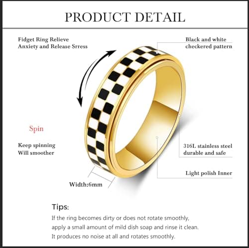 Mothers Day Gifts for Mom Daughter-Checkered Fidget Ring for Anxiety Relief,Silent Spinning Jewelry,Black & White Pattern Stainless Steel 18K Gold Plated Thumb Spinner Jewelry for Men Women Size 5-11 - Thumbnail 4