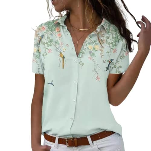 Chicwave Women's Short Sleeve Button Down Shirt, Collared V Neck Floral Print Blouse, Lightweight Casual Work Top for Travel, Vacation, Daily Wear, Light Green - Thumbnail 5