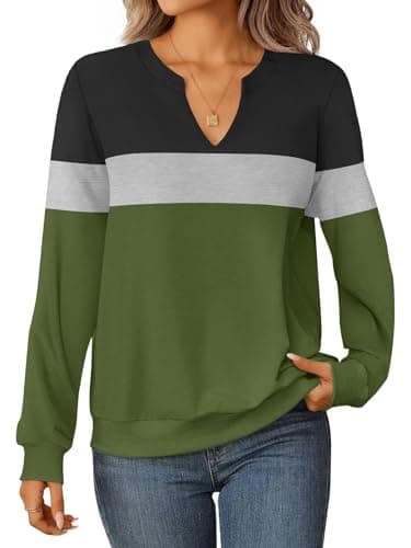 GKBK Womens Sweatshirts Long Sleeve Fall Tops Lightweight Color Block V Neck Cute Loose Casual Pullover - Image 1
