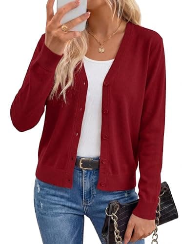 Arach&Cloz Womens 2026 Cardigan Sweaters Spring Summer Fashion Soft Wool Knit Long Sleeve Business Casual Outfits Work Trendy Cashmere Cardigans Lightweight Button Down Dressy Tops Burgundy S - Image 1