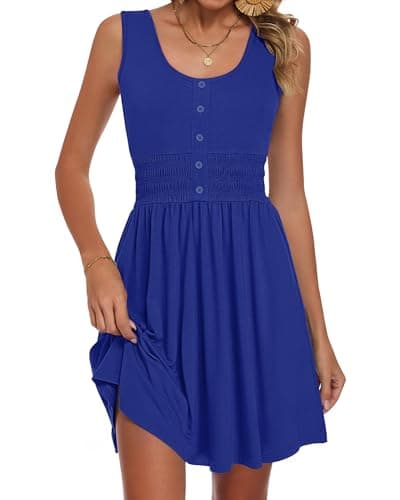 AUSELILY Women’s Summer Casual Sleeveless Dress Elastic Empire Waist Smocked Dresses, Royal Blue M