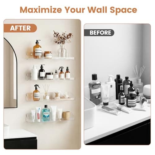 SpaceWhisper Floating Shelves for Wall, 6-Pack 15" Wall Shelves for Bathroom, Bedroom, Kitchen, Living Room, Display Hanging Shelf Organizer for Book, Picture Ledge, Figure Storage, Room Decor (Clear) - Thumbnail 4