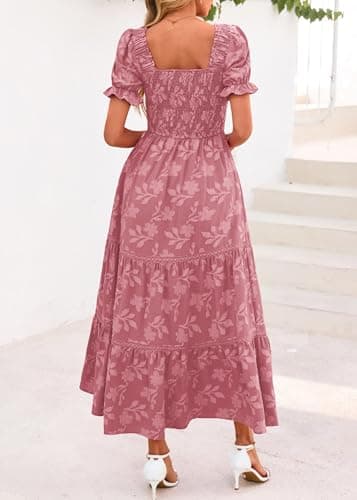 Lazysmile Women's Summer Boho Floral Maxi Dress Short Sleeve Square Neck Smocked Ruffle Elegant Wedding Guest Dress Pink - Thumbnail 2