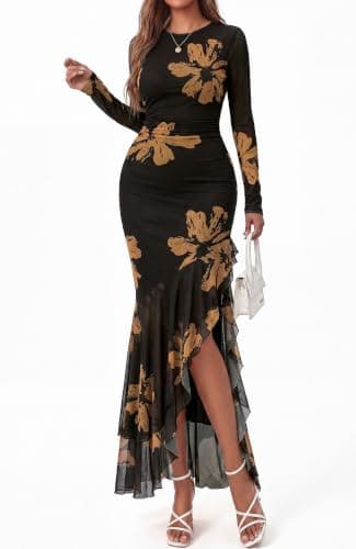 BTFBM Women's Maxi Dresses Fall 2026 Long Sleeve Bodycon Floral Ruffle Cocktail Wedding Guest Dress Concert Outfits(Floral Black Yellow,XX-Large) - Thumbnail 4
