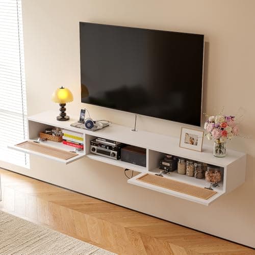 FurniNova 55" Floating TV Stand with Natural Rattan Doors, Boho Wall Mounted Media Console for Up to 65 inch TV, Modern Plyood Entertainment Center with Storage & Cable Management, White - Thumbnail 3