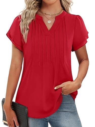 Funlingo Womens Tops Dressy Casual 2026 Short Petal Sleeve Tunic Blouses Spring V Neck Loose Flowy Dress Shirt Elegant Clothes Red XL - Image 1