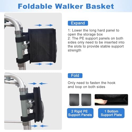 supregear Walker Basket, Foldable Walker Bag with Cup Holder, Storage Pouch with Large Capacity and Never Tipping Over, Hand-Free for Seniors Elderly, Not Fit for Rollator, Black - Thumbnail 2