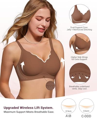 As Fairy Wireless Bras for Women No Underwire Full Coverage Jelly Lift Strong Support Push Up Scalloped Everyday Tshirt Bra Seamless Soft Daily Wear Breathable Air Hole Design(Brown 42DD) - Thumbnail 2