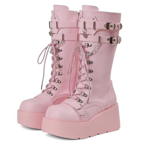 Yremael Women's Pink Platform Boots Wedge Combat Gothic Chunky Heel Lace Up Mid Calf Punk Motorcycle Shoes - Thumbnail 2