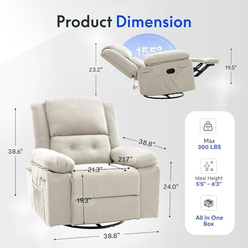 FLEXISPOT Swivel Rocker Recliner Chair for Adults, Massage Recliner Rocking Chair Nursery, 360° Swivel Nursery Glider for Living Room Bedroom, Beige (XRC2) - Thumbnail 2
