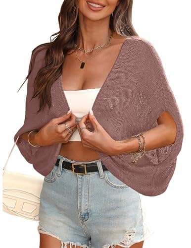 Women's Sweaters Summer Crochet Shrug Cardigan Open Front Lightweight Knit Cropped Cardigans Sheer Sweaters Grey Pink L - Image 1