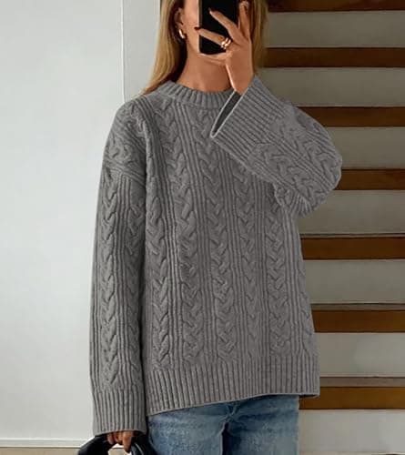 Okiwam Women's Oversized Sweaters Crewneck Cable Knit Pullover Casual Loose Fall Outfits Spring Fashion Clothes 2026-S Grey - Thumbnail 5