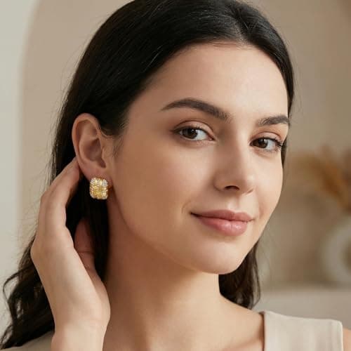 EYESHOCK Large Stud Earrings for Women Gold Stud Earrings 18K Gold Plated Cubic Zircon Square Woven Design Lightweight Hypoallergenic (Woven) - Thumbnail 2