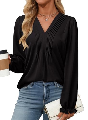 Dokotoo Business Casual Tops for Women Trendy Long Sleeve Black Blouses Fall Smocked Tunic Tops Fashion V Neck Shirts Casual Loose Pleated T-Shirts X-Large - Image 1