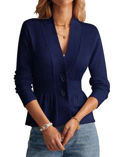 GRACE KARIN Women Cardigan Sweaters 2025 Fall,Long Sleeve Cropped Sweater Coat Trendy,Button Front Peplum Tops Lightweight Navy Blue - Image 1