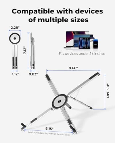 Viozon Portable Laptop Stand for Desk, Foldable Adjustable Computer Riser with Magnetic Phone Holder, Aluminum Laptop Stand for 10–16” Laptops & 4–13” Phones/Tablets (Silver) - Thumbnail 3
