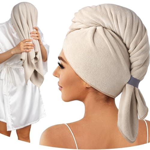 Umisleep 100% Microfiber Hair Towel, 41" x 22" Super Absorbent Towel Wrap with Elastic Loop, Large Curly Hair Towel for Women Long, Thick Hair, Camel - Image 1