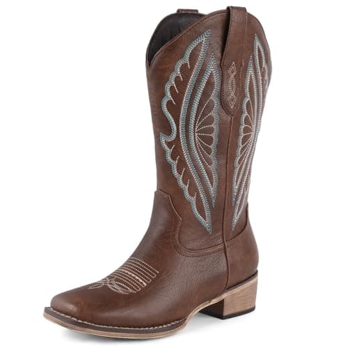 FancyQueen Square Toe Cowboy Boots for Women Western Cowgirl Boots with Chunky Heels Mid Calf Embroidered Fashion Country Boot - Image 1