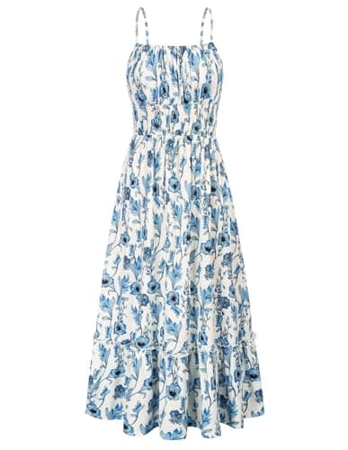 GRACE KARIN Summer Dresses for Women 2026 Vacation,Smocked Floral Maxi Dresses,Boho Beach Long Sundress Blue Floral XXL