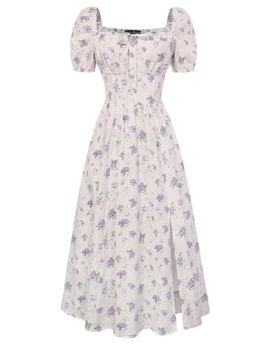 Scarlet Darkness Women's Floral Corset Dress with Split 2026 Summer Spring Square Neck Midi Milkmaid Dresses White Purple Bouquet-Floral S - Image 1