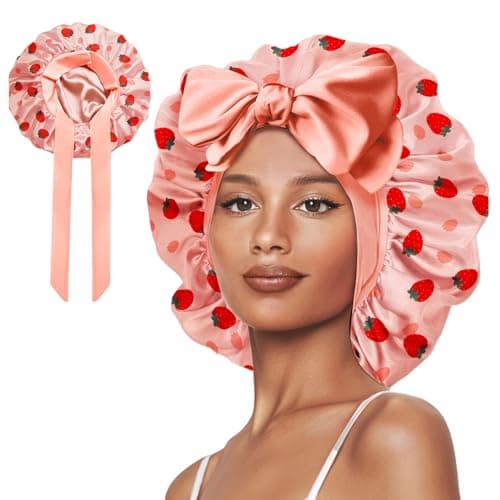 Vettres Hair Bonnet for Sleeping Satin Bonnets Silk Sleep Bonnet Double Layer Satin Bonnet with Tie Strawberries - Image 1