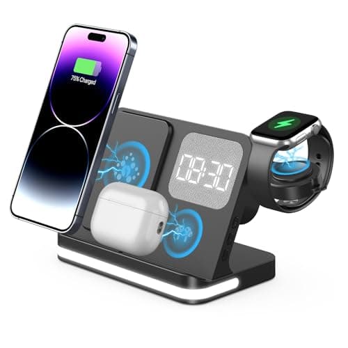 Wireless Charger, 4 in 1 Charging Station for Apple, Wireless iPhone Charging Stand for Bedrooms with Bedside Clock Night Light for iPhone 17 16 15 14 13 12 11 Pro Max, Watch and Airpods - Image 1