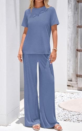 PRETTYGARDEN Womens 2 Piece Outfits Fall Short Sleeve Crew Neck Comfy Sets for Women Clothing Elastic Waist Palazzo Pants (Grey Blue, X-Large) - Thumbnail 4