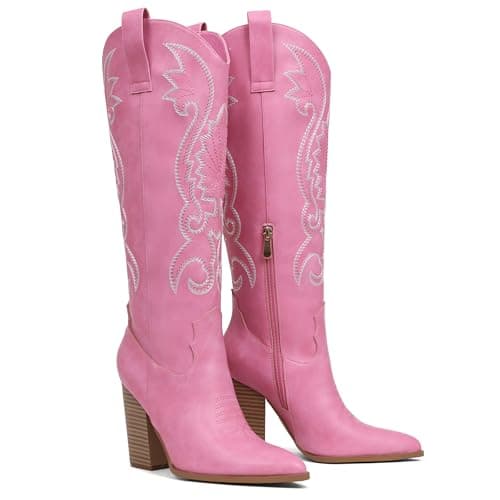 VOMIRA Womens Cowboy Boots Pointed Toe Embroidered Pink Cowboy Boots Chunky High Heel Western Boots Knee High Cowgirl Boots Women Bridal Wedding - Thumbnail 4