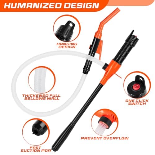 Electric Fuel Transfer Pump, 2.4 GPM Portable Fluid Transfer Siphon Pump with Oil Pipeline, Battery Gas Pumps with 47 Inches Hose &Gloves for Car/RV(Orange) - Thumbnail 5