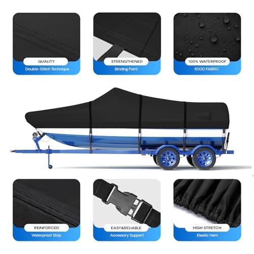 LumiCalyx Waterproof Boat Cover 16-18.5 ft,Heavy Duty Marine Grade Trailerable Boat Cover for Bass Boat,V-Hull, Runabout, Fish & Ski, All Weather Protection with Straps, Fish & Ski,Black - Thumbnail 3