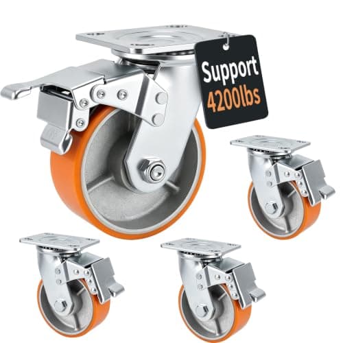 TKU 5 Inch Caster Wheels, Heavy Duty Casters Set of 4 - Dual Locking Casters with Swivel, 4200 LBS Load, Non-Marking Polyurethane on Steel Core, Industrial Castor Wheels for Carts, Workbench & Toolbox - Image 1