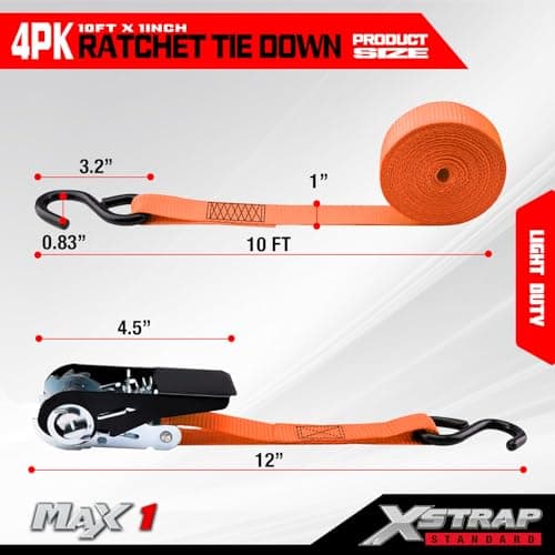 XSTRAP STANDARD Ratchet Tie Down Straps 4 Pk 10 Ft- 300 Lbs Load Cap- 900 Lbs Break Strength-Cargo Straps for UTV, ATV, Pickup,Truck, Moving Appliances, Lawn Equipment, Orange - Thumbnail 3