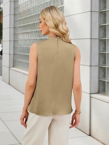 Funlingo Satin Camisole for Women Summer Dressy Casual Blouses Mock Neck Basic Tops Sleeveless Winter Date Night Undershirt Khaki S - Thumbnail 4