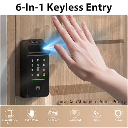 Keyless Entry Door Lock Palm Vein, Bestkid Smart Lock for Front Door with Wireless Doorbell Built-in WiFi, Biometric Deadbolt App Remote Alexa Control Auto Lock Rechargeable Battery - Thumbnail 3