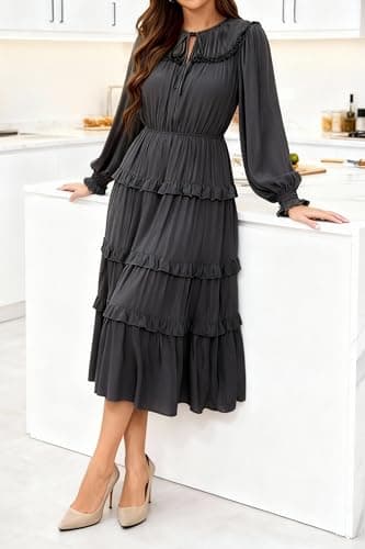 Ystguic Women's Bohemian Long Sleeve Elastic Waist Tiered Ruffled V Neck Aline Dresses with Pockets 2025 Fall Rayon Viscose Dress for Seniors for Vocation Formal Large Black L 045 - Thumbnail 5