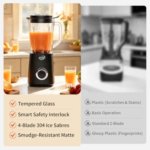 Glass Jar Blender for Smoothies & Shakes, 51 oz Countertop Blender with 2 Speeds + Pulse, 1100W Peak Power, Easy Cleaning, Removable Stainless Steel Blades for Sauces, Nut Milk & Puree, Black - Thumbnail 3