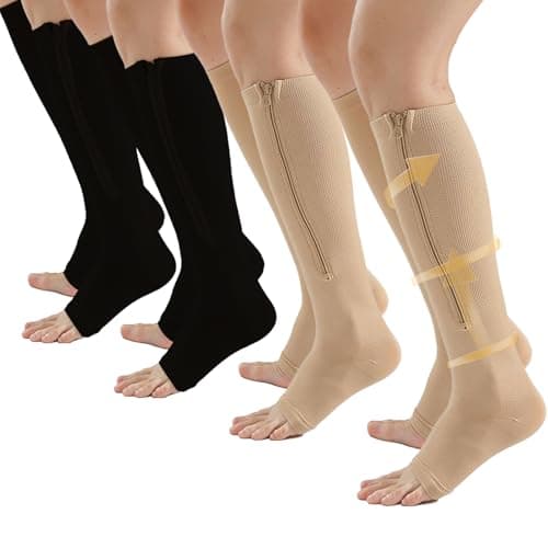4 Pairs Zipper Compression Socks Women & Men, 15-20 Mmhg Compression Socks with Zipper, Medical Compression Socks with Zipper, Toeless Lining for Varicose Veins, Edema, Recover (Black/Beige Open Toe, Large-X-Large) - Image 1