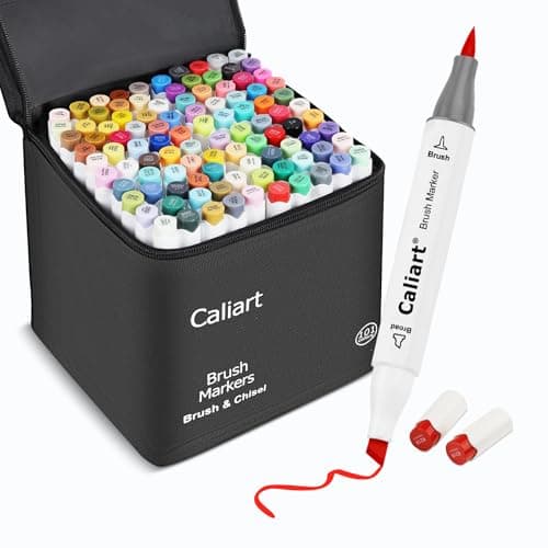 Caliart 101 Colors Alcohol Markers Brush Tip, Dual Tip Brush & Chisel Permanent Art Markers for Adult Coloring Books, Drawing, Sketching, Illustration, with Carrying Case for Artists & Beginners - Image 1