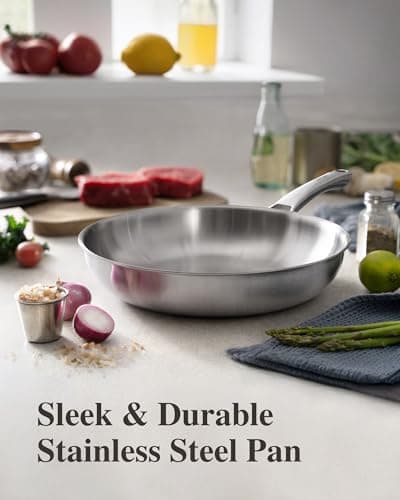 VocVoi Stainless Steel Pan, 12 Inch with Lid Stainless Steel Frying Pan, Non Toxic Tri-Ply Skillet, PFOA&PTFE Free, Oven and Dishwasher Safe, Induction Compatible - Thumbnail 2