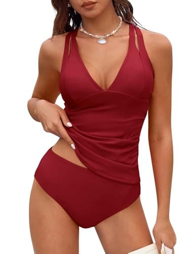 ZAFUL Women's Ruched Tankini Swimsuits V Neck Tie Back Two Pieces Bathing Suit Tummy Control Swimwear with Mid Rise Bottom, Red, Large - Image 1