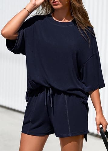 KIRUNDO 2 Piece Sets for Women Summer Lounge Sets Casual Oversized Tshirts Shorts Matching Airport Travel Outfits Postpartum(Navy Blue, XX-Large) - Thumbnail 4
