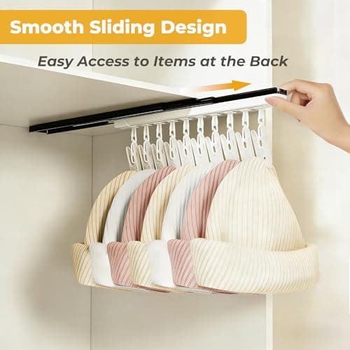 2 Pack No-Drill Wall-Mounted Baseball Hat Organizer, Hat Storage Rack Holds Up to 20 Caps, Hat Holder with 10 Damage-Free Clips & Metal Slide Rails, Modern Hat Rack for Closet, Bedroom & Entryway - Thumbnail 4