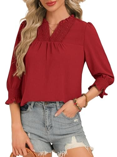 Funlingo Women Blouses Dressy Casual V Neck 3/4 Length Sleeve Womens Tops Boho Lace Shirts Beach Vacation Spring Clothes 2026 Red 3XL - Image 1